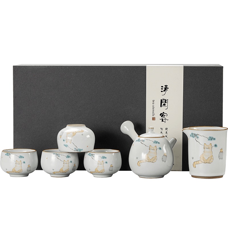 陶瓷功夫茶具套装汝陶开片茶壶茶杯盖碗整套办公室客厅泡茶 汝陶轻闲客侧把茶壶冬猫6头礼盒装