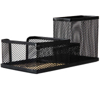 得力(deli) 9175 金属网纹笔筒 多功能三格桌面收纳 办公用品 黑色
