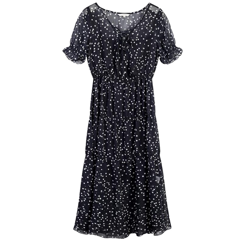 拉夏贝尔拉贝缇夏女高腰港味复古小清新中长款雪纺裙连衣裙