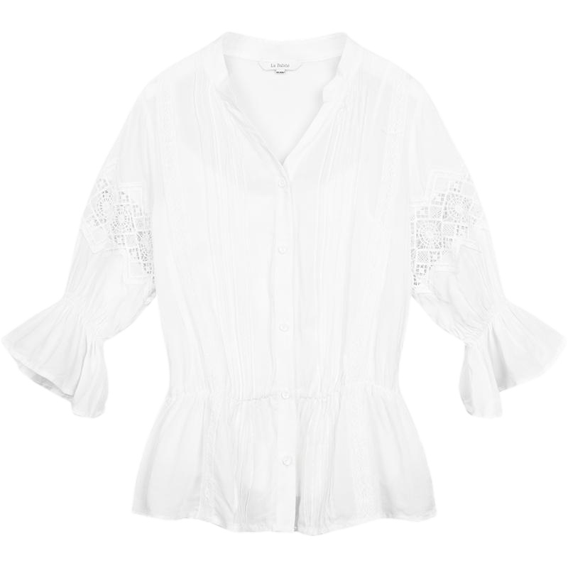 拉夏贝尔v领衬衫女设计感小众夏季新款宽松心机上衣衬衣女仙女范