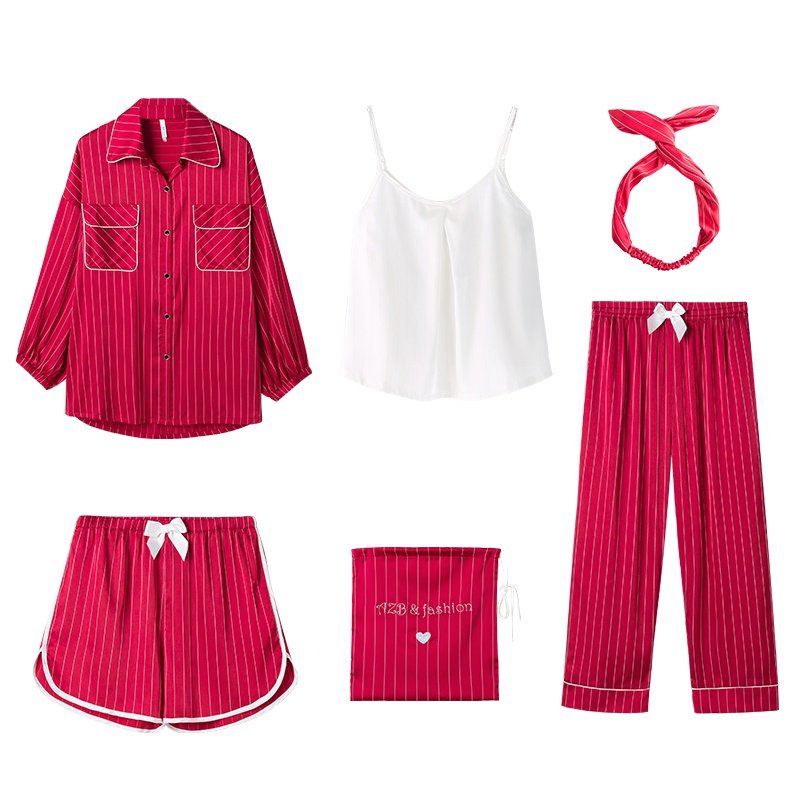 安之伴冰丝睡衣女夏性感七件套春秋吊带短裤薄款红色仿真丝家居服