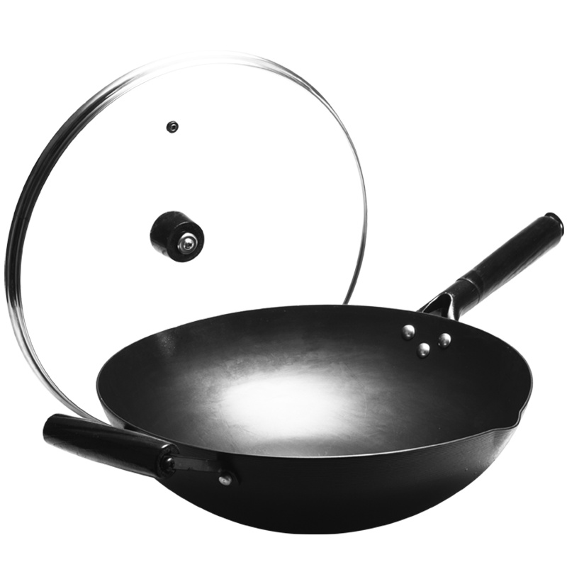 红厨套锅铁炒锅无涂层加厚铁锅老式家用铸铁锅不粘炒菜锅 32cm和风精铁炒锅