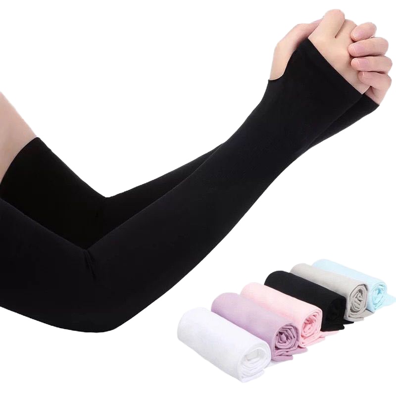 夏季冰袖防晒袖套男女冰丝防紫外线手套手臂袖2双白色拇指款