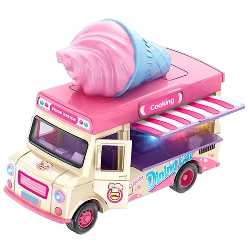 铭源儿童汽车模型 1:36 Q版灯光音乐磁力感应餐车 回力合金感应美食车款式随机