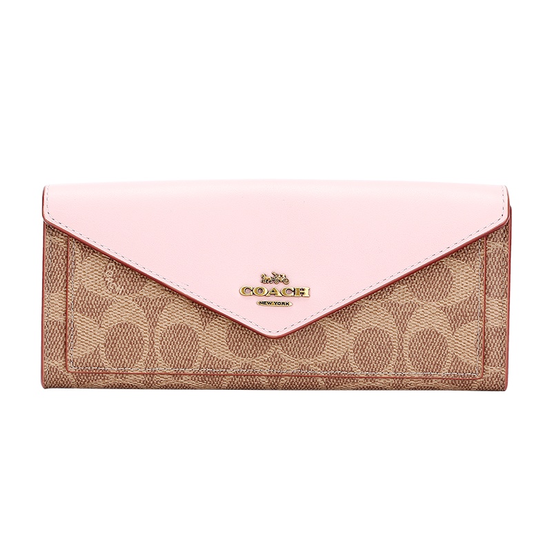 蔻驰 COACH 女士专柜款人造革配皮手拿包钱包卡其拼粉色长款 31547 B4OHE欧美时尚