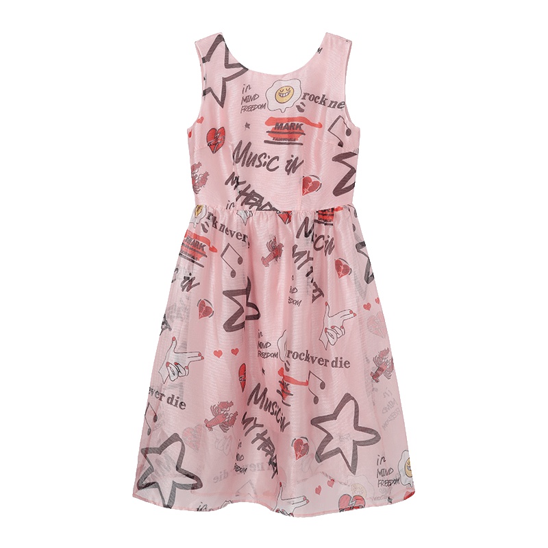 马克华菲女装2019夏新款无袖印花连衣裙a字背心裙露背中长款裙子