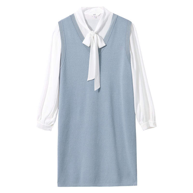 OSA长袖背带连衣裙女秋季2020年新款显瘦针织裙子套装两件套洋气