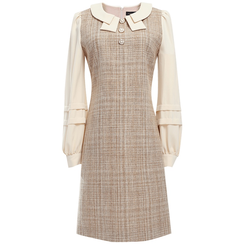 欧昵雪撞色拼接衬衫袖假两件连衣裙女长袖短裙