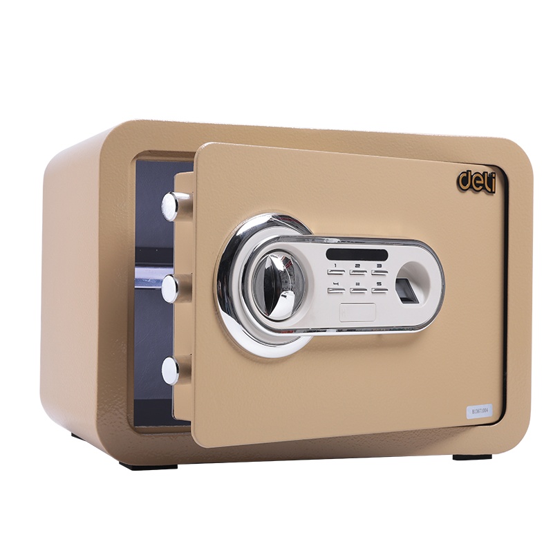 得力(deli)33473保管箱高25CM小型办公家用保险箱保险柜 指纹密码双保险保管箱 金色2019新款