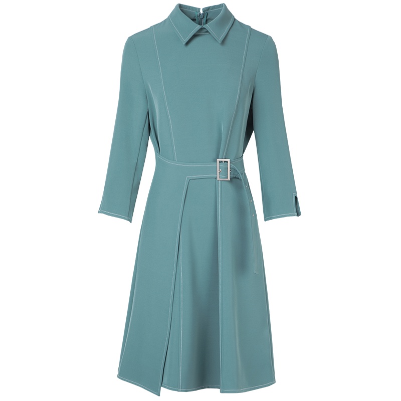 晚白2021春季新品时尚简约纯色翻领修身显瘦高腰A字淑女连衣裙女