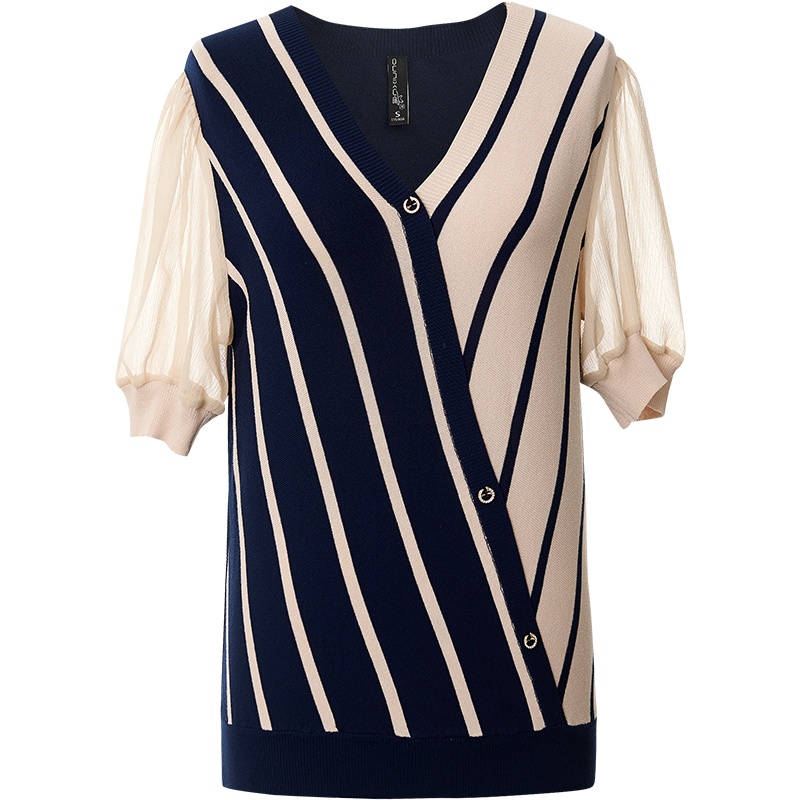 欧昵雪夏季V领拼接雪纺灯笼袖条纹针织衫女薄款显瘦上衣
