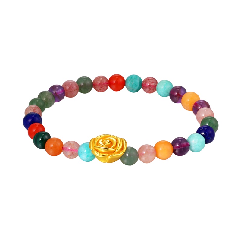 黄金码头 3D硬金999足金玫瑰花多宝石手串黄金转运珠手链