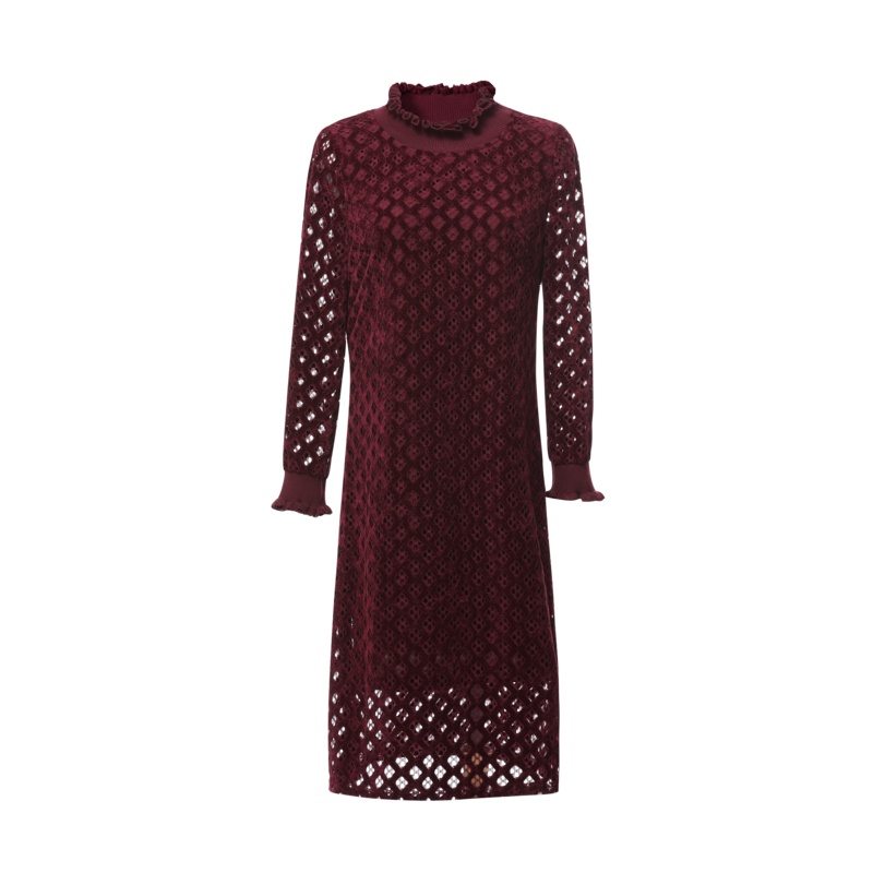 欧昵雪秋装木耳边立领套头长袖直筒镂空蕾丝连衣裙女中裙