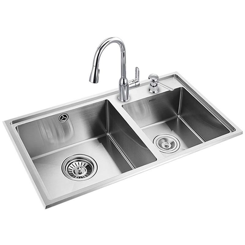 摩恩304不锈钢加厚手工水槽双槽套餐洗菜盆台下洗碗盆厨房水槽