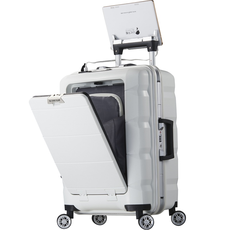 Lucky Club高颜值前置电脑行李箱男女密码开口商务旅行小型多功能拉杆箱子拉链白24寸
