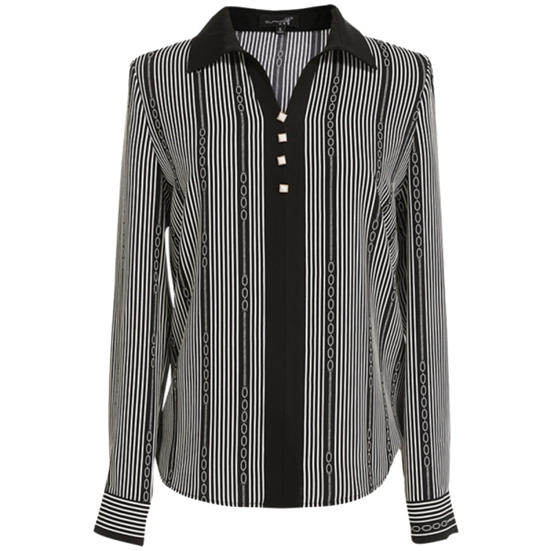 欧昵雪Polo领长袖OL气质条纹衬衫长袖上衣