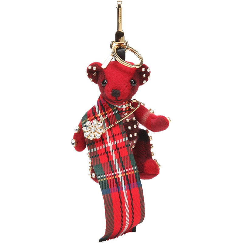 BURBERRY 博柏利 女款缤纷红色格纹羊绒泰迪熊造型钥匙扣吊饰 80011481