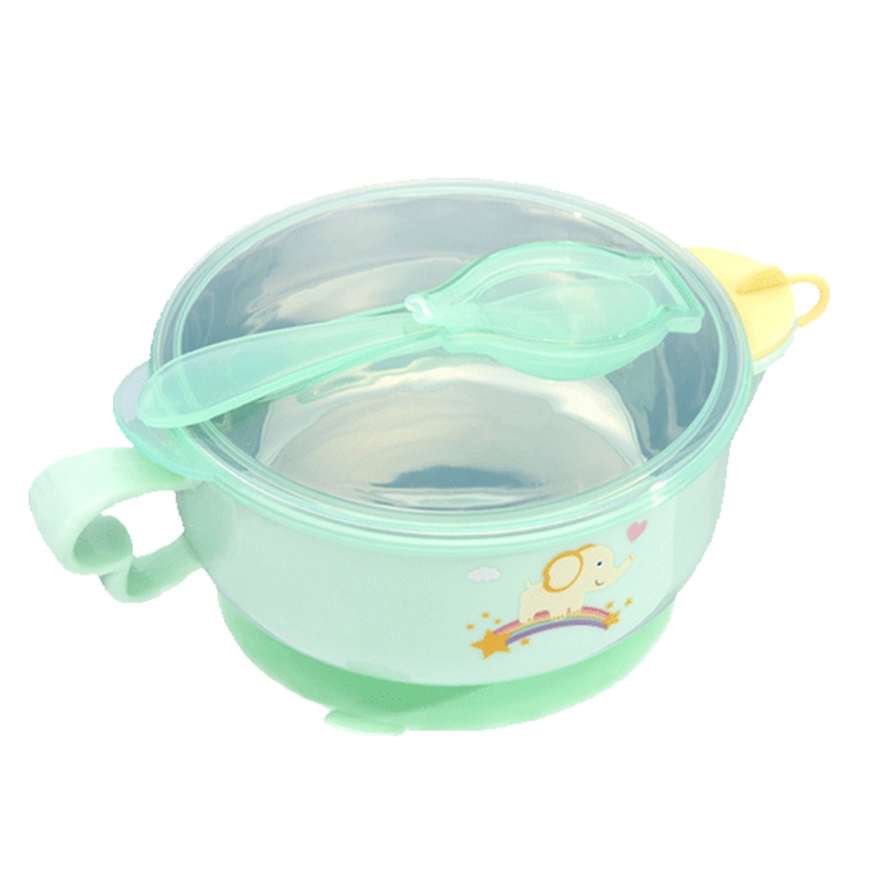 开优米(kiuimi)儿童304不锈钢餐具宝宝注水保温碗吸盘碗带勺子带吸盘三件套绿色