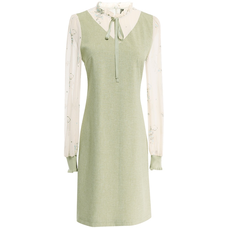 欧昵雪木耳边立领拼接雪纺长袖连衣裙女中裙