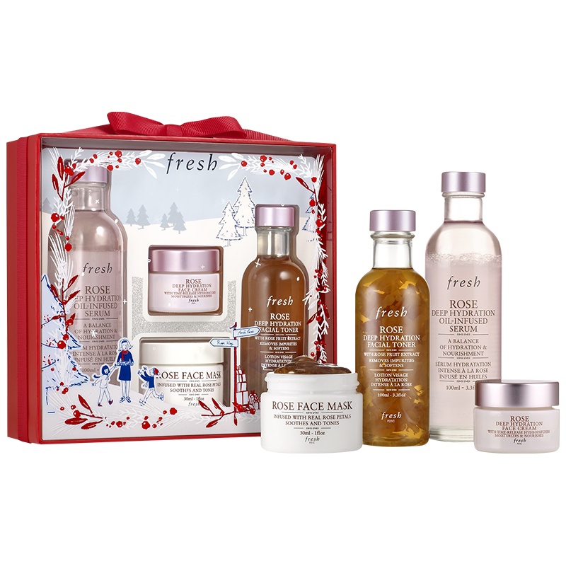 Fresh馥蕾诗玫瑰水润亮泽礼盒 大马士革玫瑰水100ml玫瑰水油精华100ml 玫瑰睡眠面膜30ml 玫瑰面霜15ml