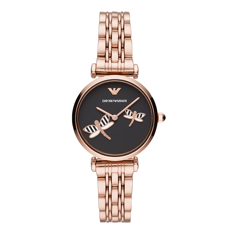 阿玛尼(ARMANI)黑表盘手表女ins风 简约玫瑰金钢带女士手表