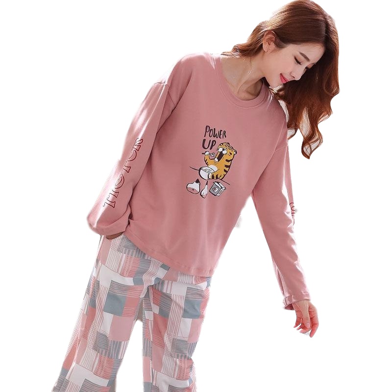 睡衣女春秋款长袖长裤两件套装青年棉质韩版大码学生时尚秋季家居服加厚臻依缘