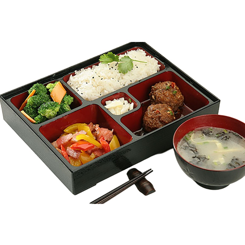 日式五格便当盒带盖(含两个碗 一双筷子 一个勺子)