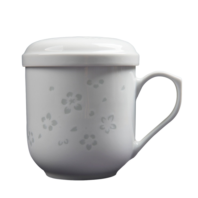 景德镇古镇陶瓷茶杯套装玲珑瓷带盖过滤杯定制陶瓷杯办公室马克杯中号过滤杯紫荆花