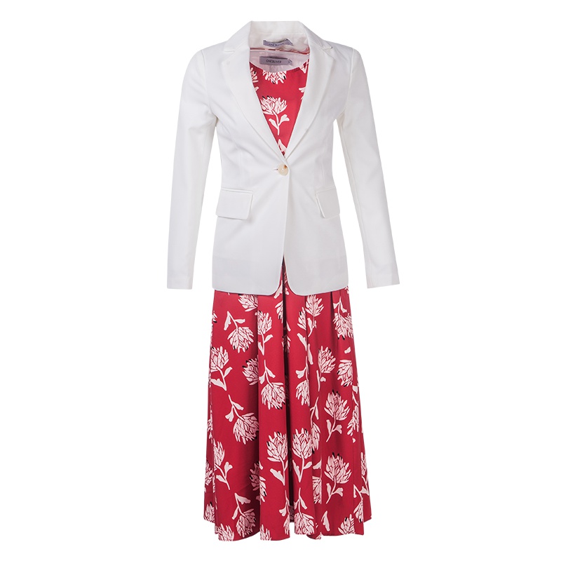 晚白2019秋季时尚套装裙西装外套上衣印花收腰显瘦连衣裙两件套女