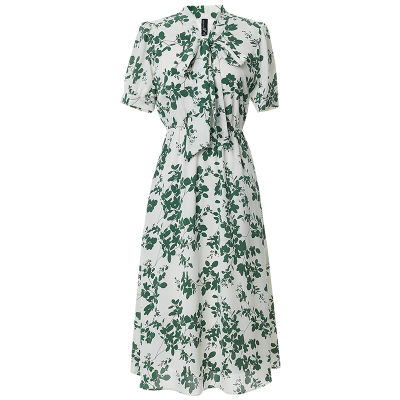 欧昵雪浪漫花色中长裙夏季蝴蝶结系带轻薄短袖连衣裙女