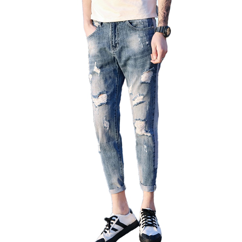 超音狼春夏款 破洞修身拼接九分牛仔裤WJD-6521