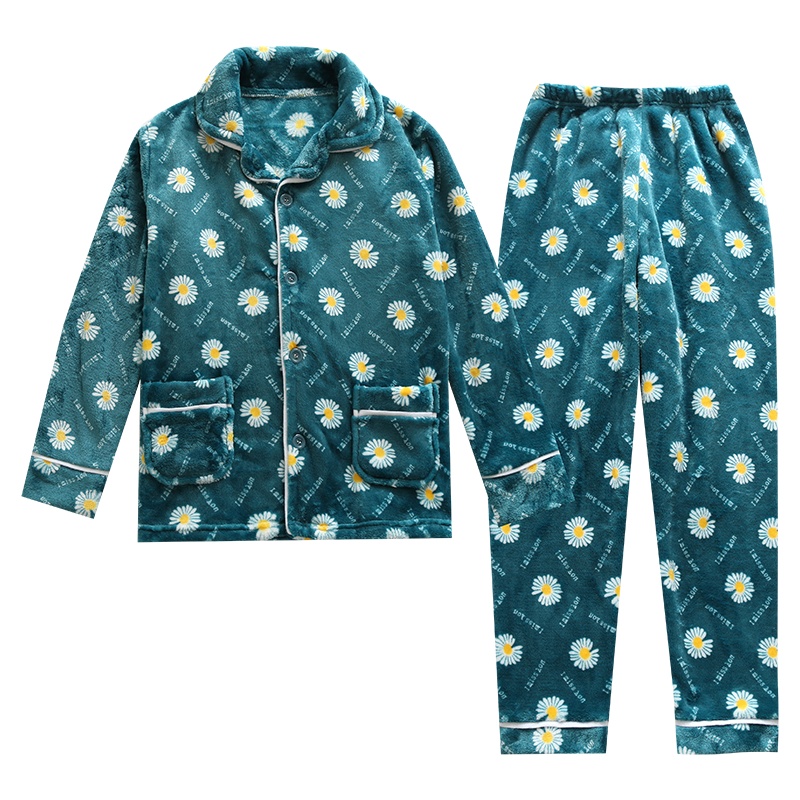 开衫珊瑚绒睡衣女秋冬2021年新款法兰绒春秋款加厚加绒冬季家居服套装. DX菊花