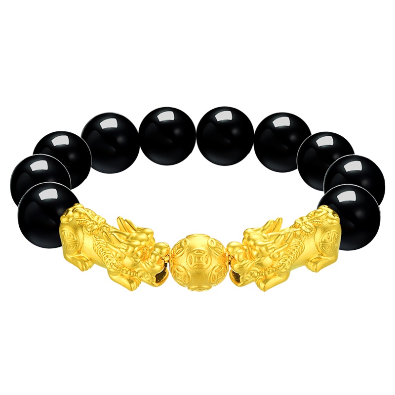 蒂蔻 小版3D硬足金貔貅黄金手链男士款大富大贵双貔貅铜钱金珠12MM黑玛瑙手串