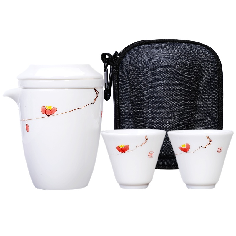 博为 旅行茶具套装 德化白瓷旅行茶具 羊脂玉瓷泡茶壶茶杯 手绘红梅