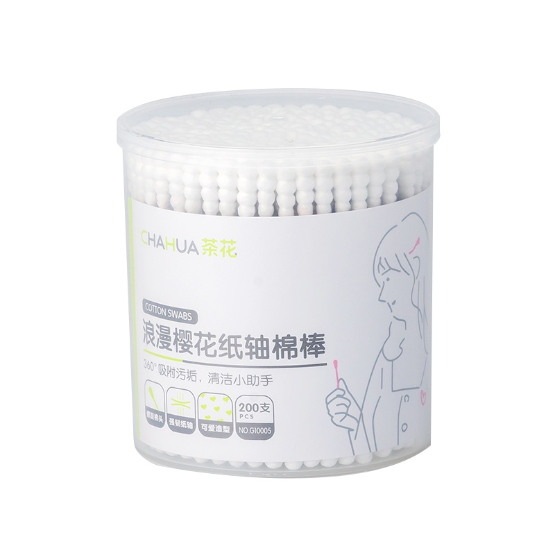 茶花母婴幼儿童浪漫樱花纸轴家用宝宝棉签棉棒（200支)