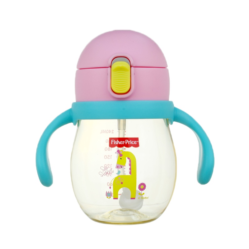 Fisher Price费雪 PPSU婴儿防漏防呛6-18个月宝宝儿童学饮杯配背带 240ml FP-8084A 粉色