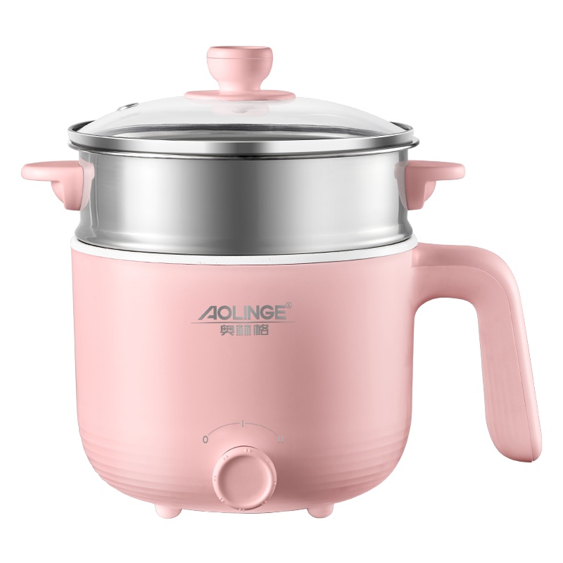 奥林格ZG-306 学生宿舍电 煮锅家用煮面小电锅1-2人小功率寝室电火锅煎炒一体锅1.2L小锅粉 粉色麦饭石(带蒸笼