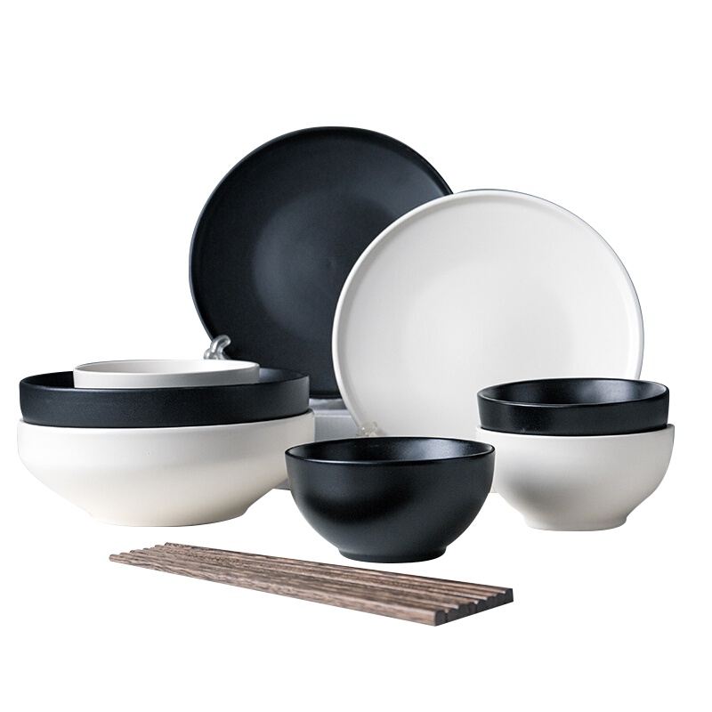 亿嘉IJARL 北欧简约家用陶瓷碗盘勺筷套装 黑白美人12件套