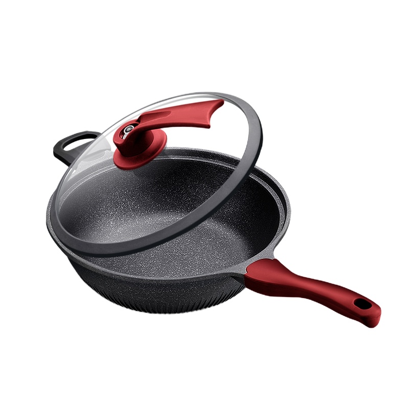 新丰腾麦饭石不粘锅炒锅无油烟平底锅炒菜锅家用多功能电磁炉燃气灶适用F1001炒锅32cm抗菌微压款(酒红)