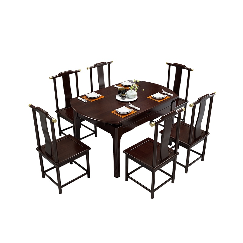 月影梳新中式折叠餐桌椅组合现代全实木小户型家用圆桌餐厅家具套装桐