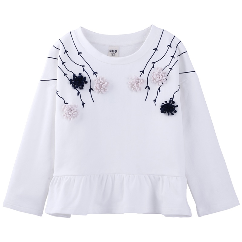 小红豆童装长袖T恤棉质立体绣花春装新款白色打底衫女童T恤