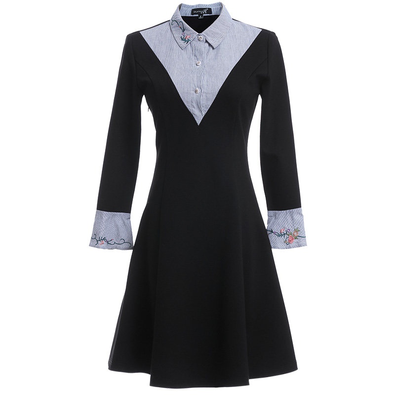 欧昵雪针织连衣裙春装女装ol短款职业修身衬衫领长袖裙子