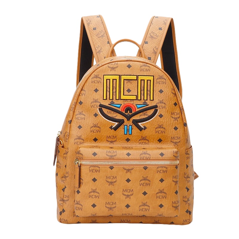 MCM 中性经典棕色月桂叶刺绣logo人造革大号双肩背包书包旅行包大容量 MMKBSVE06CO001
