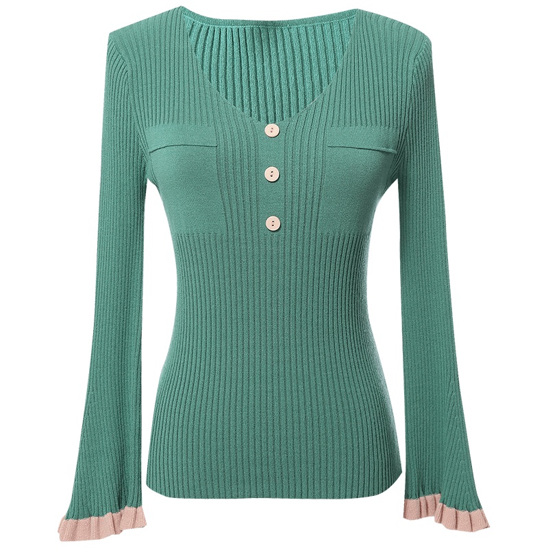 欧昵雪V领修身木耳边喇叭袖针织衫女显瘦打底衫毛衣