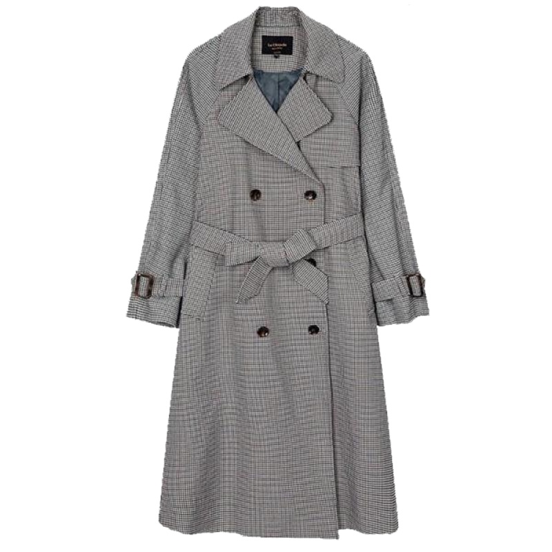 【热卖】拉夏贝尔格子风衣中长款春季韩版百搭宽松英伦复古外套女10018274