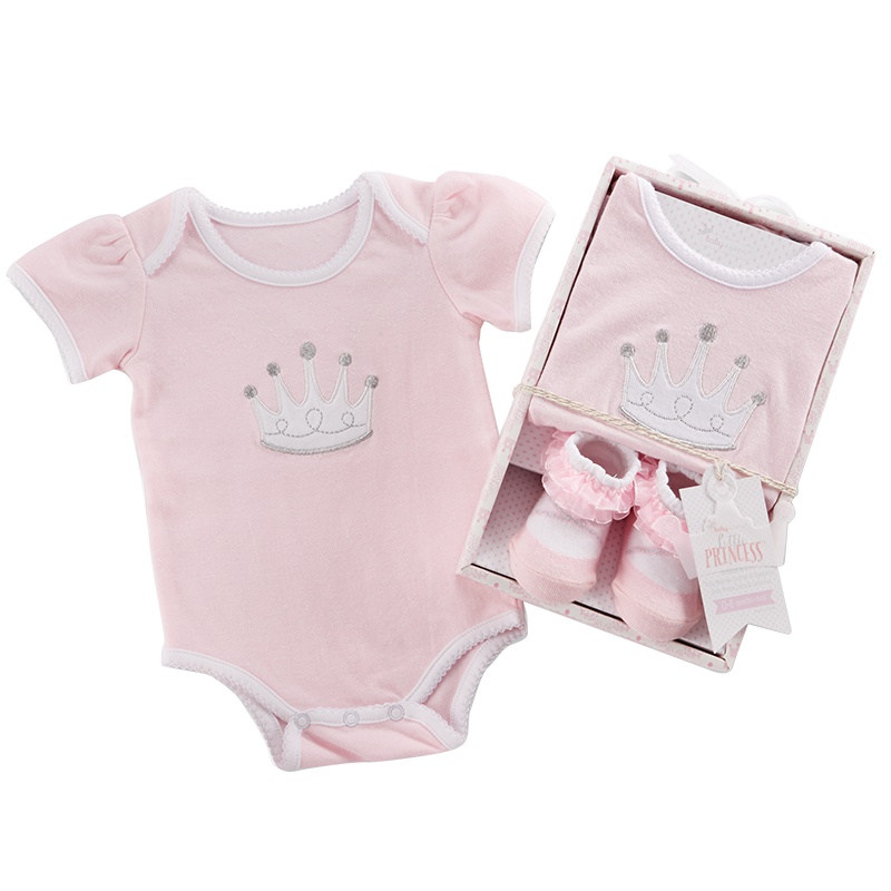 BabyAspen新生儿套装夏季纯棉宝宝三角哈衣小公主连体衣袜子礼盒