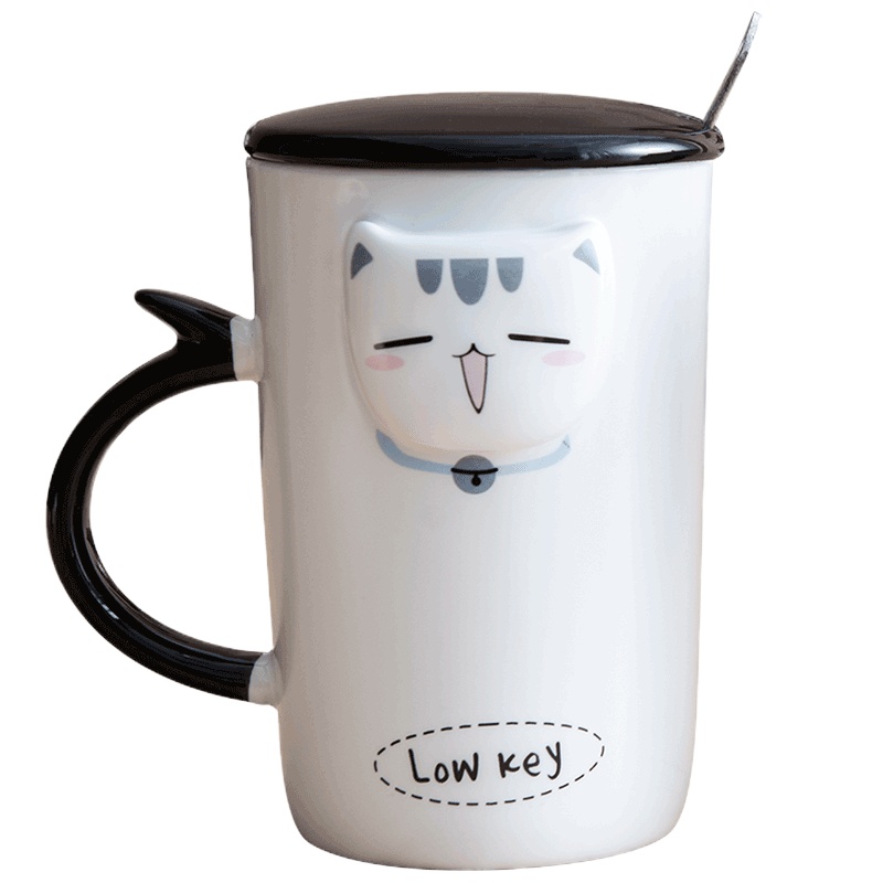 亿嘉IJARL 简约创意陶瓷杯可爱立体带盖带勺水杯马克杯牛奶咖啡杯子理想猫情侣系列