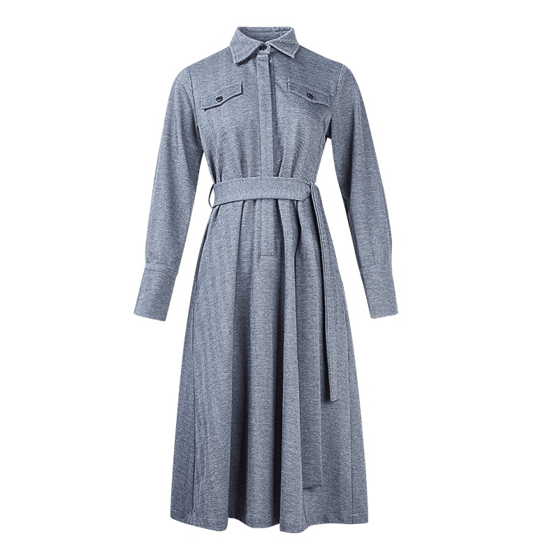 晚白 2020春季新品时尚通勤简约纯色翻领系带中长款衬衫裙连衣裙女
