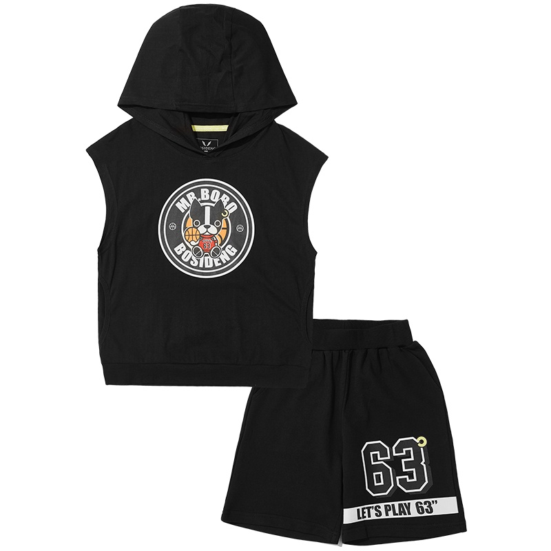 波司登童装夏季卡通印花连帽T恤运动短裤套装
