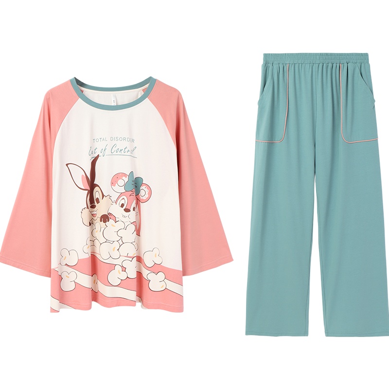 安之伴睡衣女卡通印花甜美可爱棉质弹力针织印花长袖可外穿女士套装